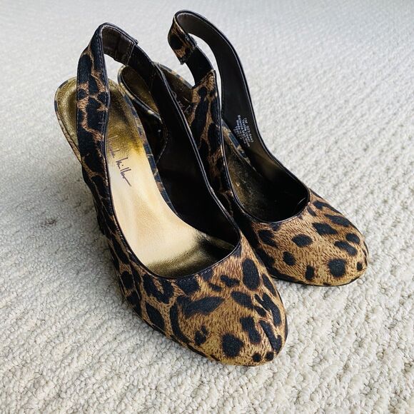 Nicole Miller Sexy High Heel Slingback Pumps Brown Animal Print Dressy Shoe US 7 - Picture 8 of 11